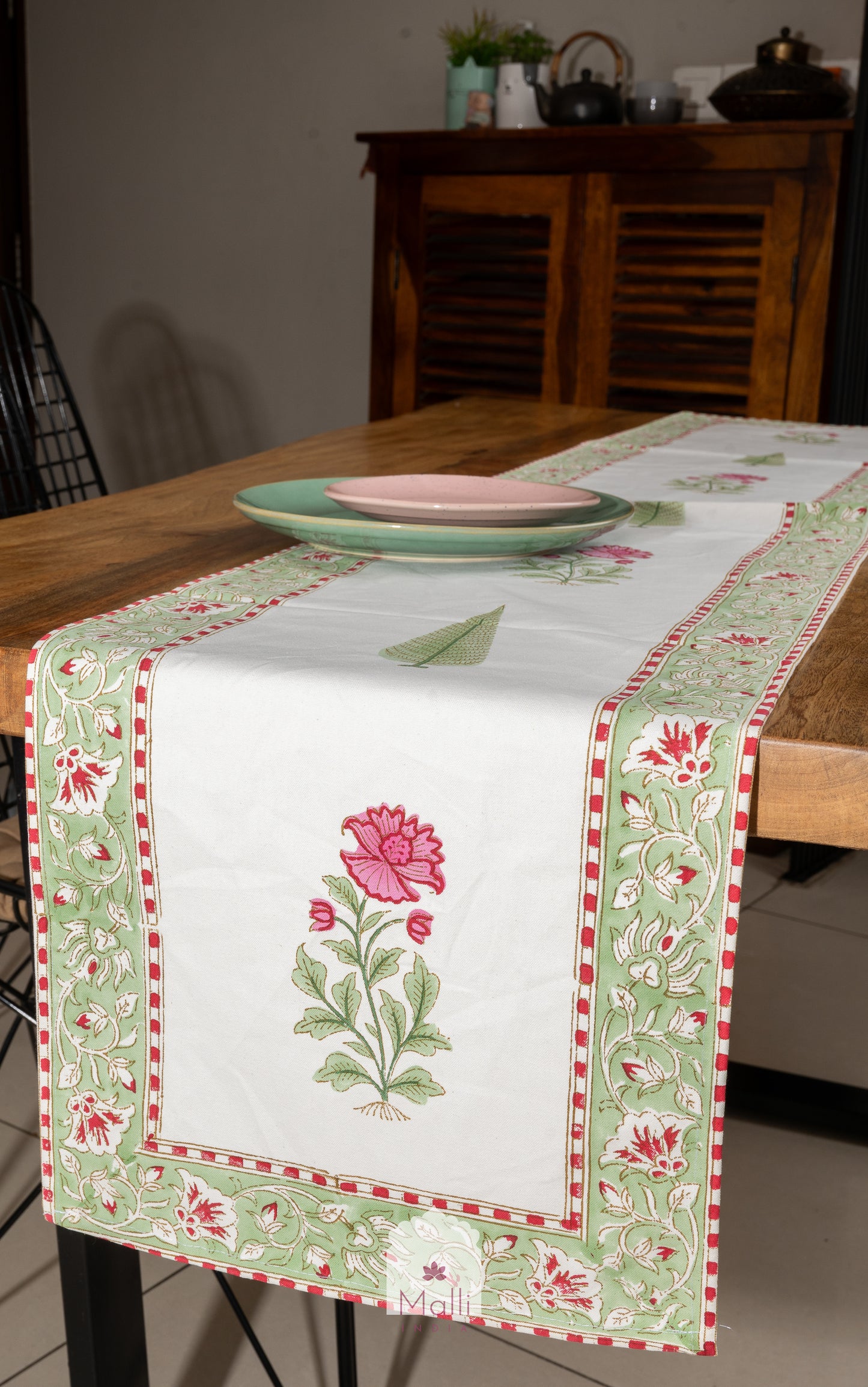 Pink & green florals - 6 seater runner in canvas cotton