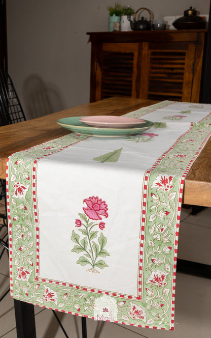 Pink & green florals - 6 seater runner in canvas cotton
