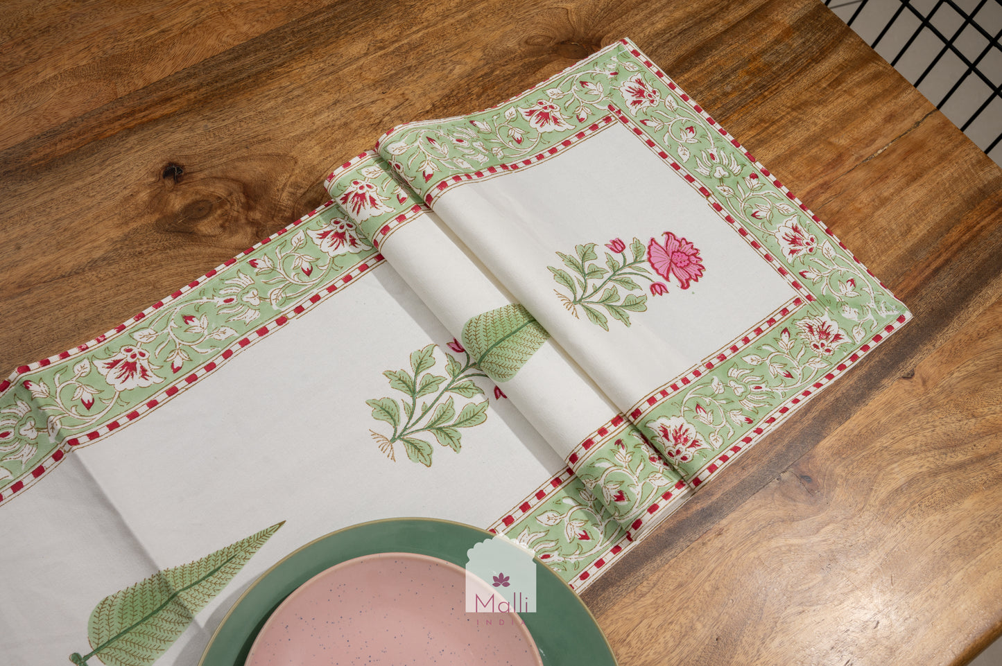 Pink & green florals - 6 seater runner in canvas cotton