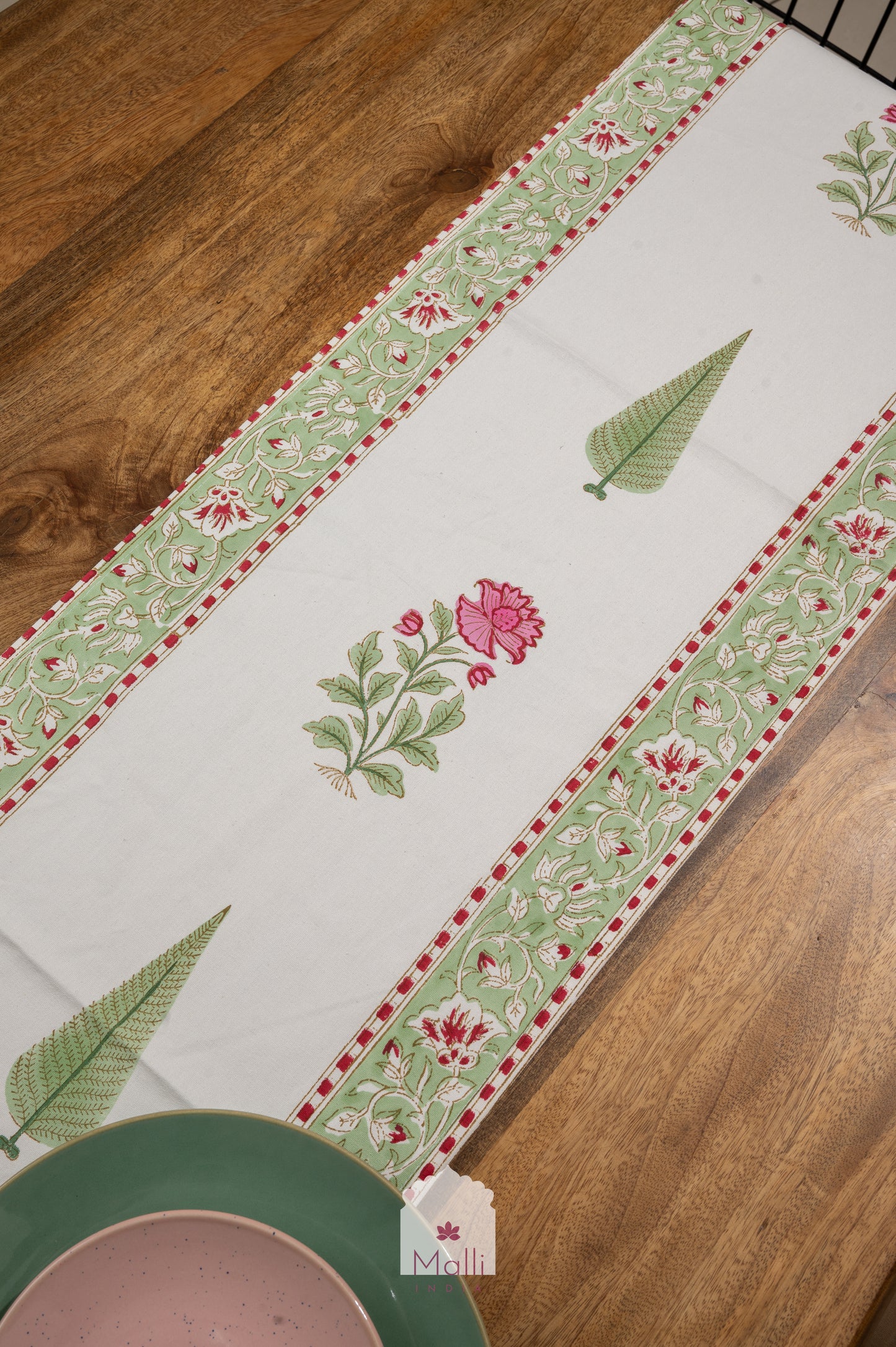 Pink & green florals - 6 seater runner in canvas cotton
