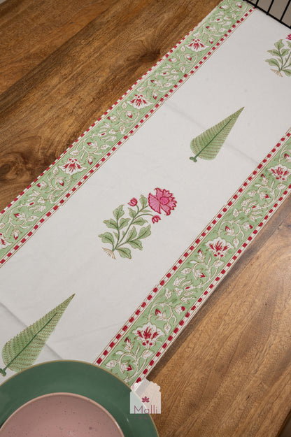 Pink & green florals - 6 seater runner in canvas cotton