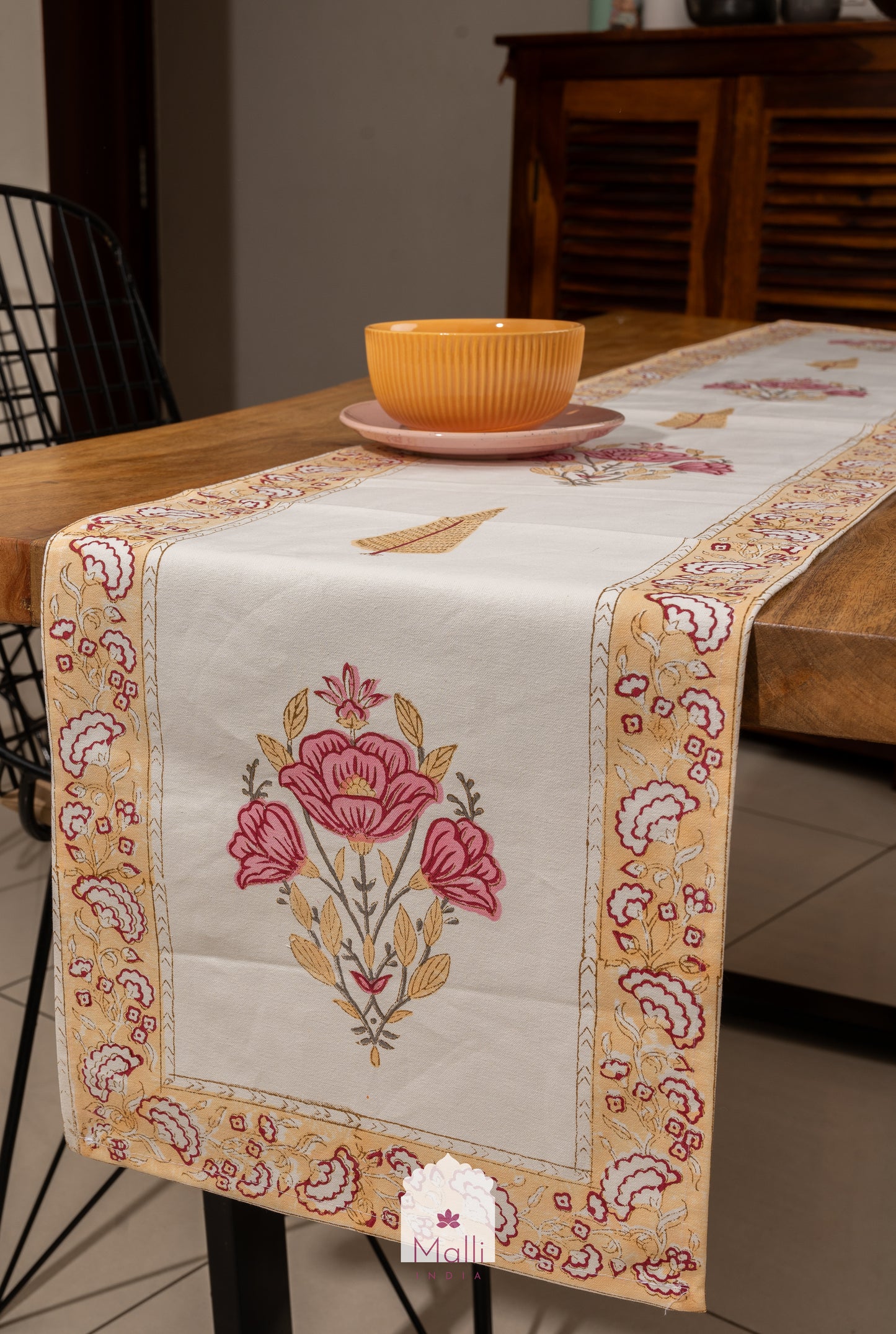 Pink & yellow floral bunch - 6 seater runner in canvas cotton