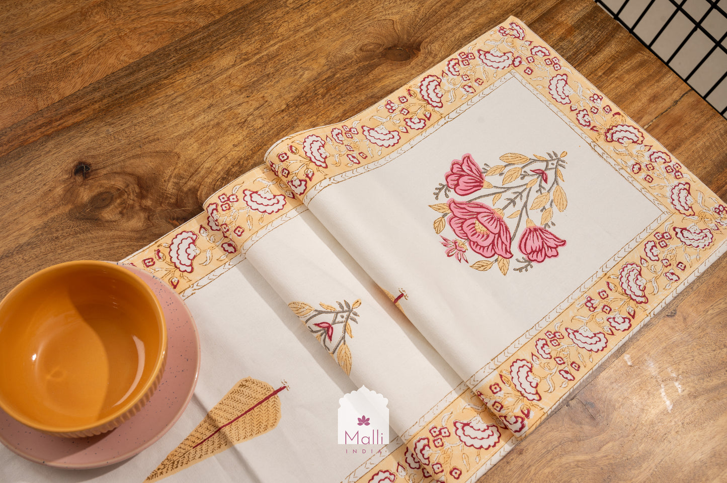 Pink & yellow floral bunch - 6 seater runner in canvas cotton