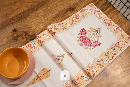 Pink & yellow floral bunch - 6 seater runner in canvas cotton