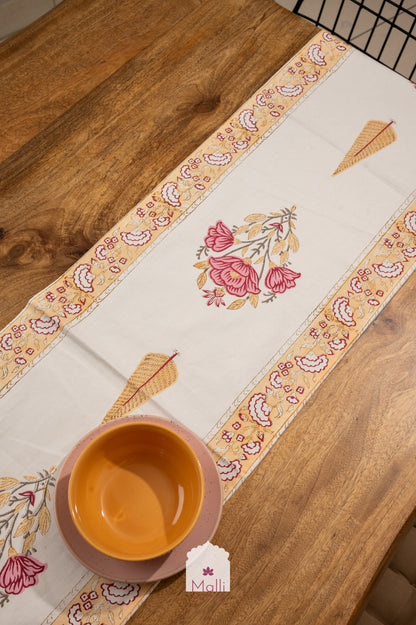 Pink & yellow floral bunch - 6 seater runner in canvas cotton