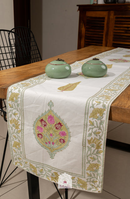 Pink & olive green mughal florals - 6 seater runner in canvas cotton