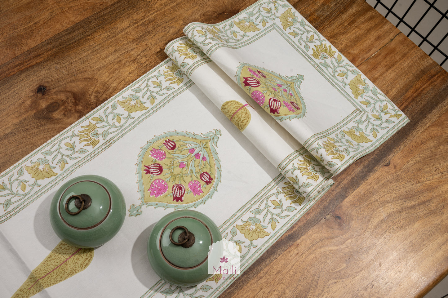 Pink & olive green mughal florals - 6 seater runner in canvas cotton