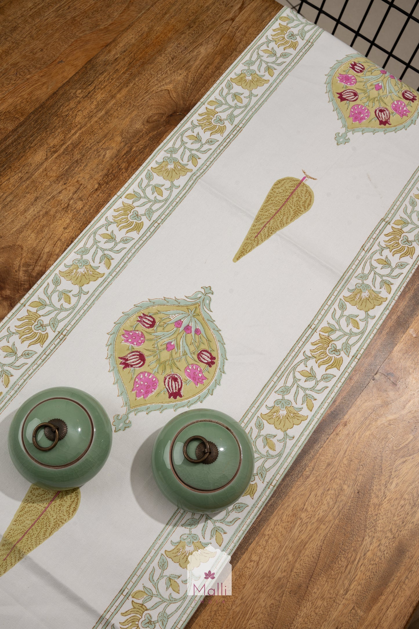 Pink & olive green mughal florals - 6 seater runner in canvas cotton