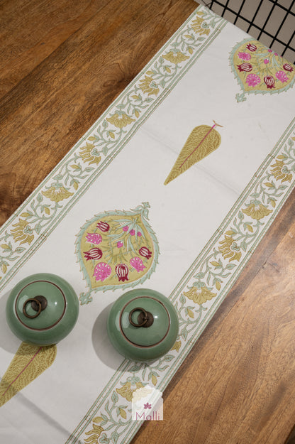 Pink & olive green mughal florals - 6 seater runner in canvas cotton