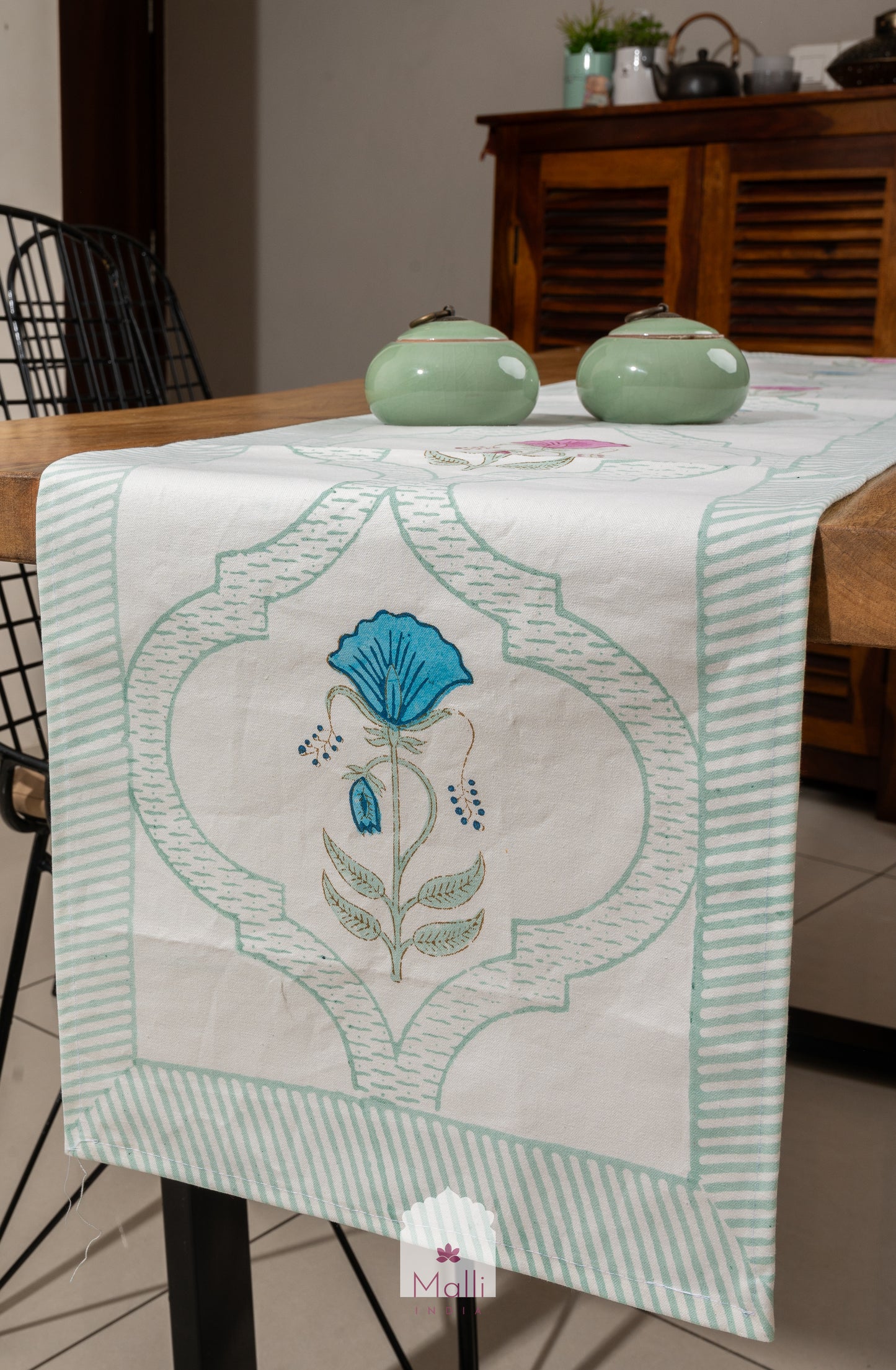 Turquoise & pink jaal - 6 seater runner in canvas cotton