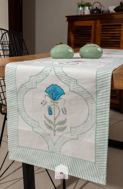 Turquoise & pink jaal - 6 seater runner in canvas cotton