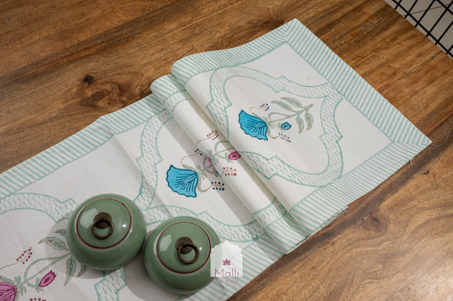 Turquoise & pink jaal - 6 seater runner in canvas cotton