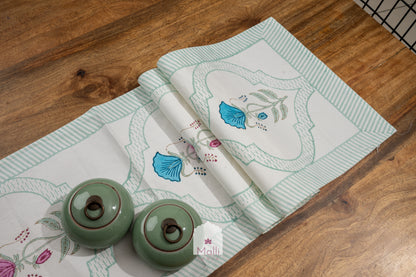 Turquoise & pink jaal - 6 seater runner in canvas cotton