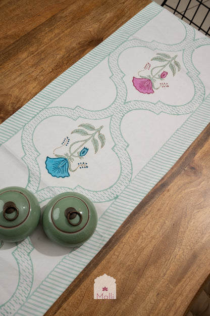 Turquoise & pink jaal - 6 seater runner in canvas cotton