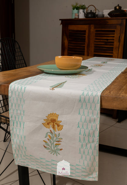 Yellow & turquoise florals - 6 seater runner in canvas cotton