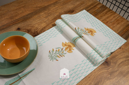 Yellow & turquoise florals - 6 seater runner in canvas cotton