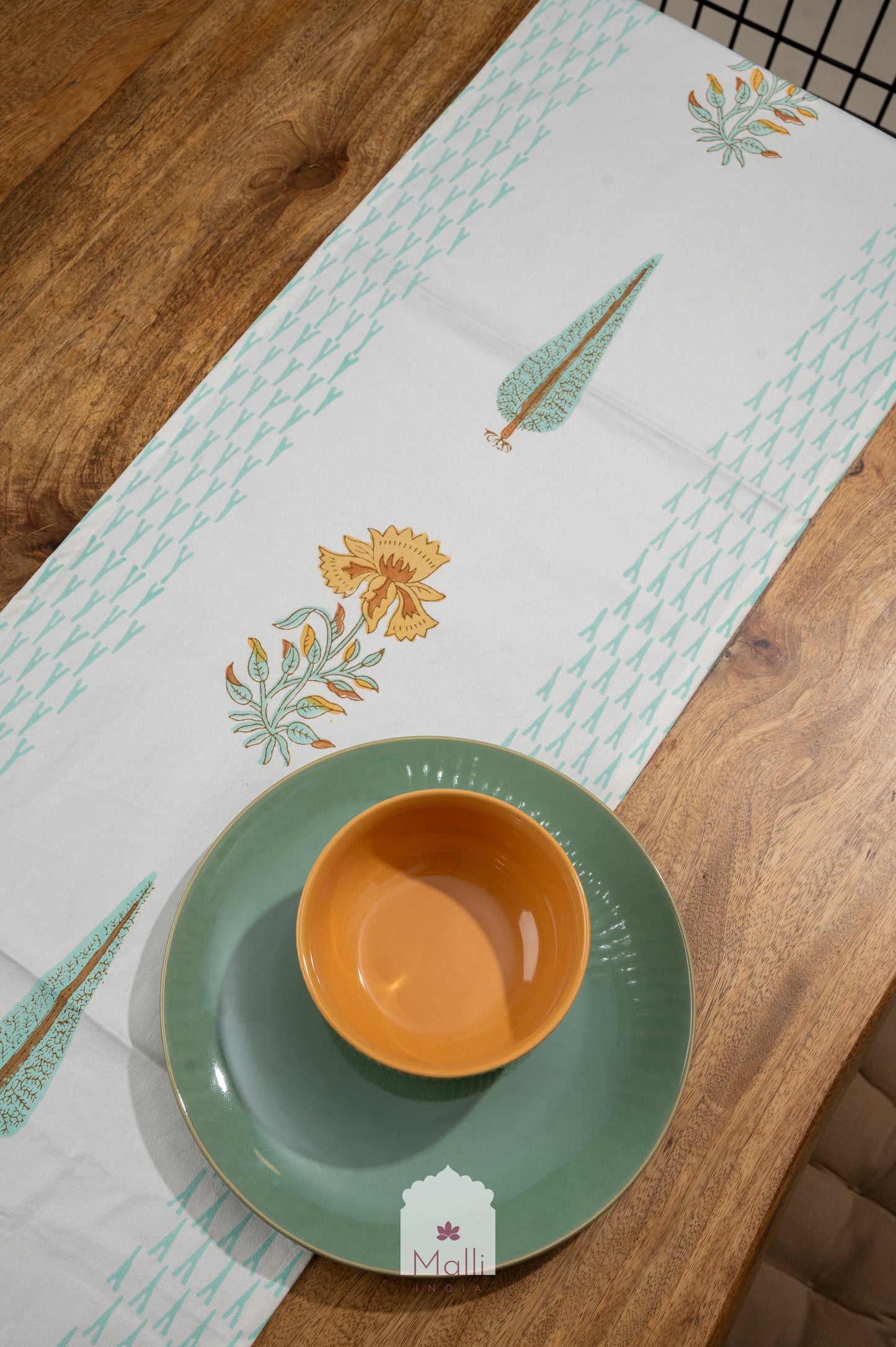 Yellow & turquoise florals - 6 seater runner in canvas cotton