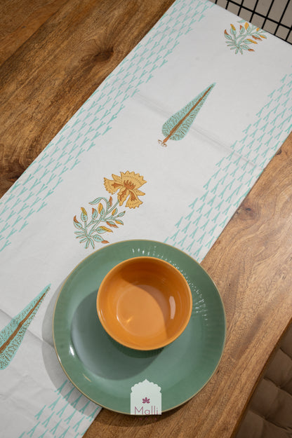 Yellow & turquoise florals - 6 seater runner in canvas cotton