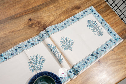 Blue florals on cream base - 6 seater runner in canvas cotton