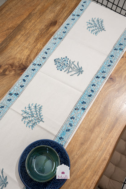 Blue florals on cream base - 6 seater runner in canvas cotton