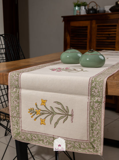 Pink & yellow florals on cream base - 6 seater runner in canvas cotton
