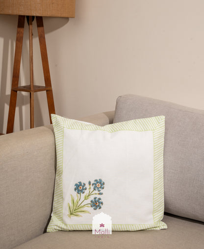 Blue bunch with green border - Cushion cover in handblock print