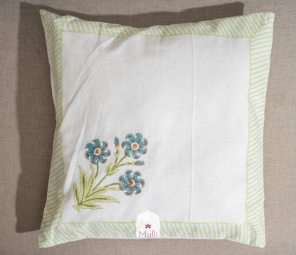 Blue bunch with green border - Cushion cover in handblock print