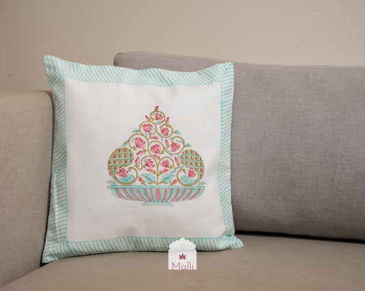 Pink & blue floral bowl - Cushion cover in handblock print