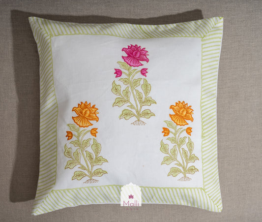 Pink & orange floral buti - Cushion cover in handblock print