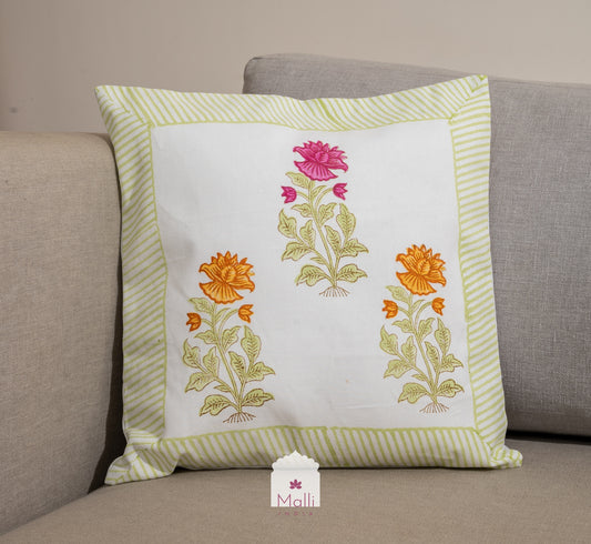 Pink & orange floral buti - Cushion cover in handblock print