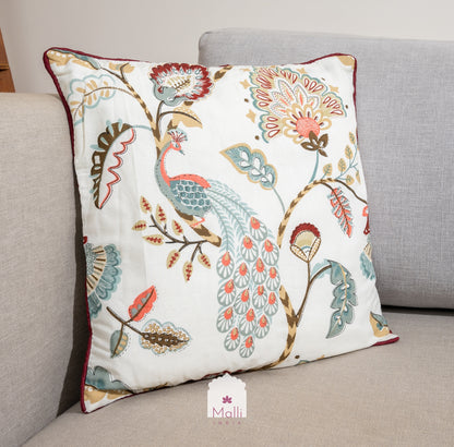 Peacock in a garden on cream base  - Cushion cover