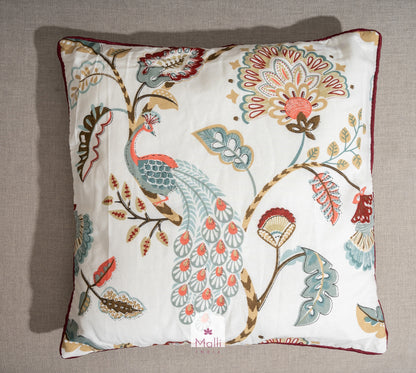 Peacock in a garden on cream base  - Cushion cover