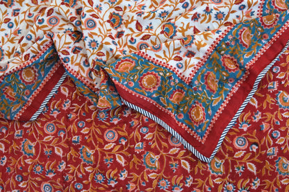 Red blooming gardens handblock printed pure mulmul dohar