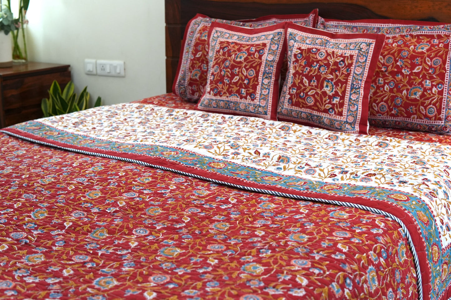 Red blooming gardens handblock printed pure mulmul comforter with cotton bedsheet and 2 cushions - 6 pieces bedding set (King / Queen Size)