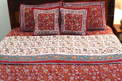 Red blooming gardens handblock printed pure mulmul comforter with cotton bedsheet and 2 cushions - 6 pieces bedding set (King / Queen Size)