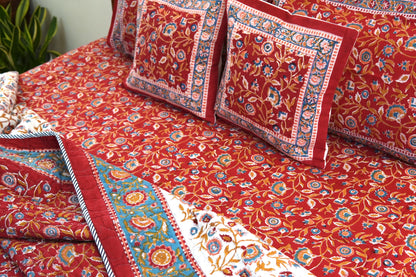 Red blooming gardens handblock printed pure mulmul comforter with cotton bedsheet and 2 cushions - 6 pieces bedding set (King / Queen Size)