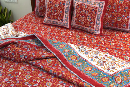 Red blooming gardens handblock printed pure mulmul comforter with cotton bedsheet and 2 cushions - 6 pieces bedding set (King / Queen Size)