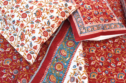 Red blooming gardens handblock printed pure mulmul comforter with cotton bedsheet and 2 cushions - 6 pieces bedding set (King / Queen Size)