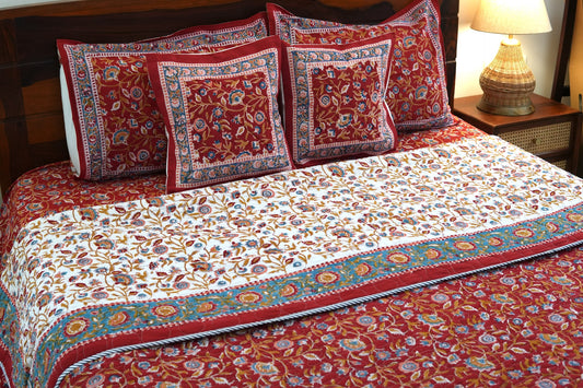 Red blooming gardens handblock printed pure mulmul comforter with cotton bedsheet and 2 cushions - 6 pieces bedding set (King / Queen Size)