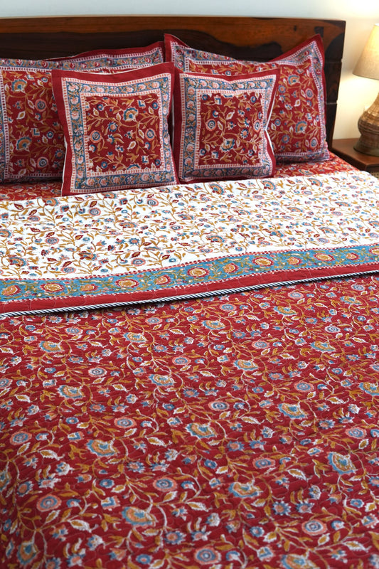 Red blooming gardens handblock printed pure mulmul comforter with cotton bedsheet and 2 cushions - 6 pieces bedding set (King / Queen Size)