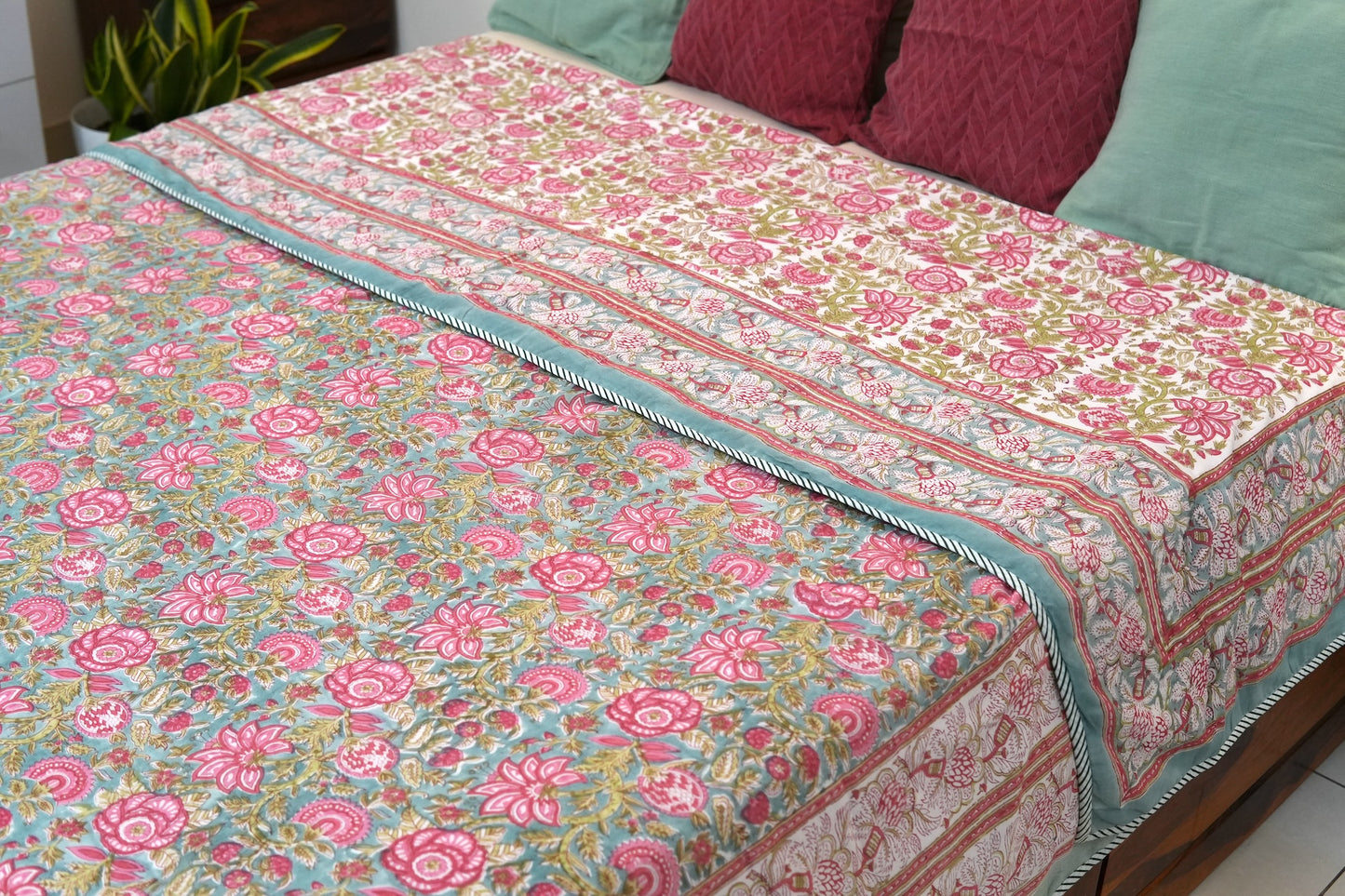 Turquoise royals handblock printed pure mulmul dohar