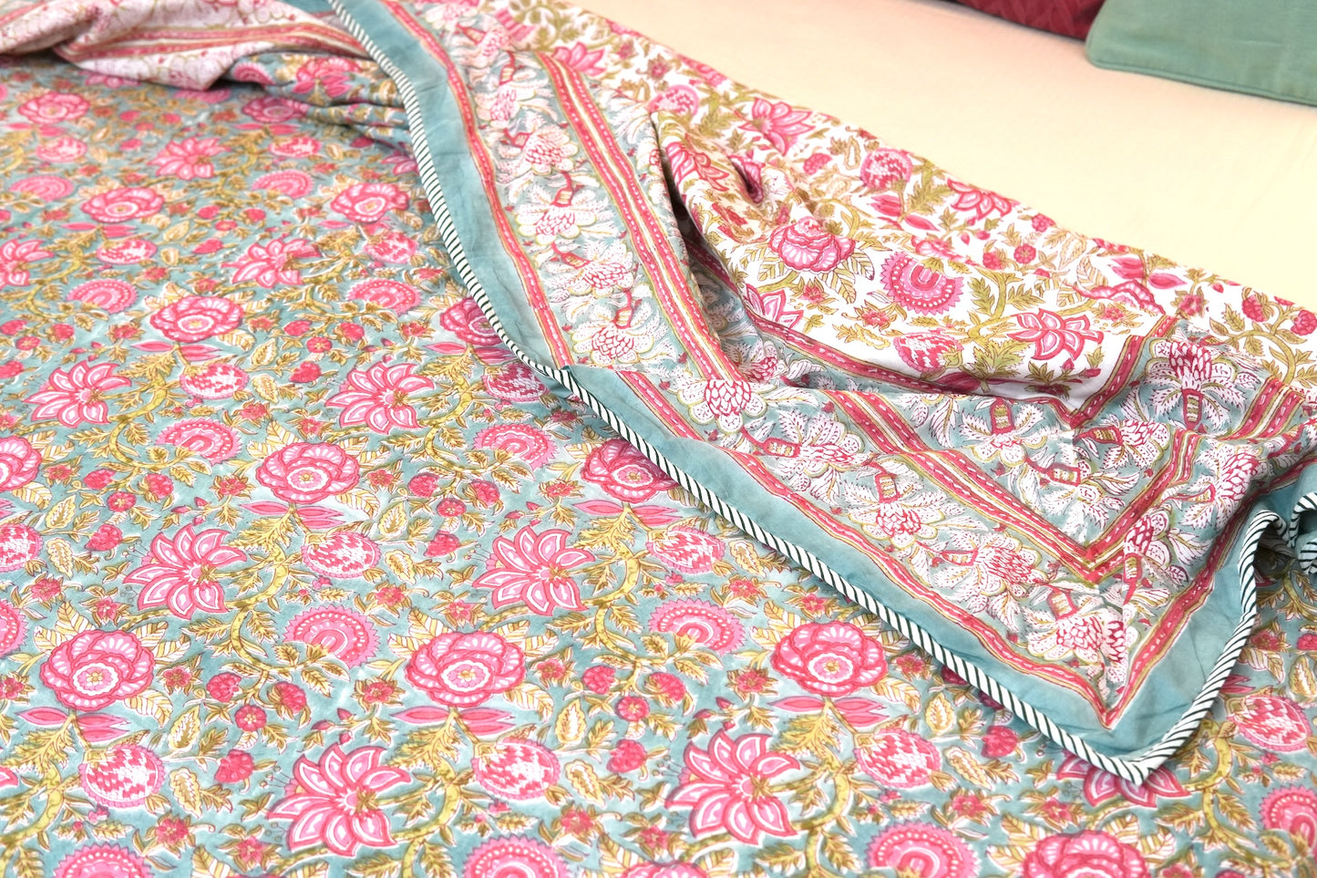 Turquoise royals handblock printed pure mulmul dohar