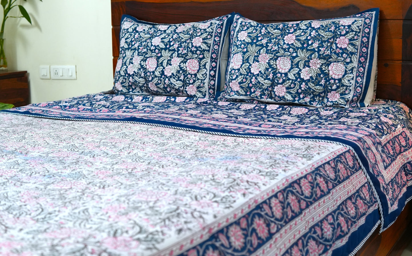 Pink on blue bloom handblock printed pure mulmul dohar with cotton bedsheet - 4 pieces bedding set (King / Queen Size)