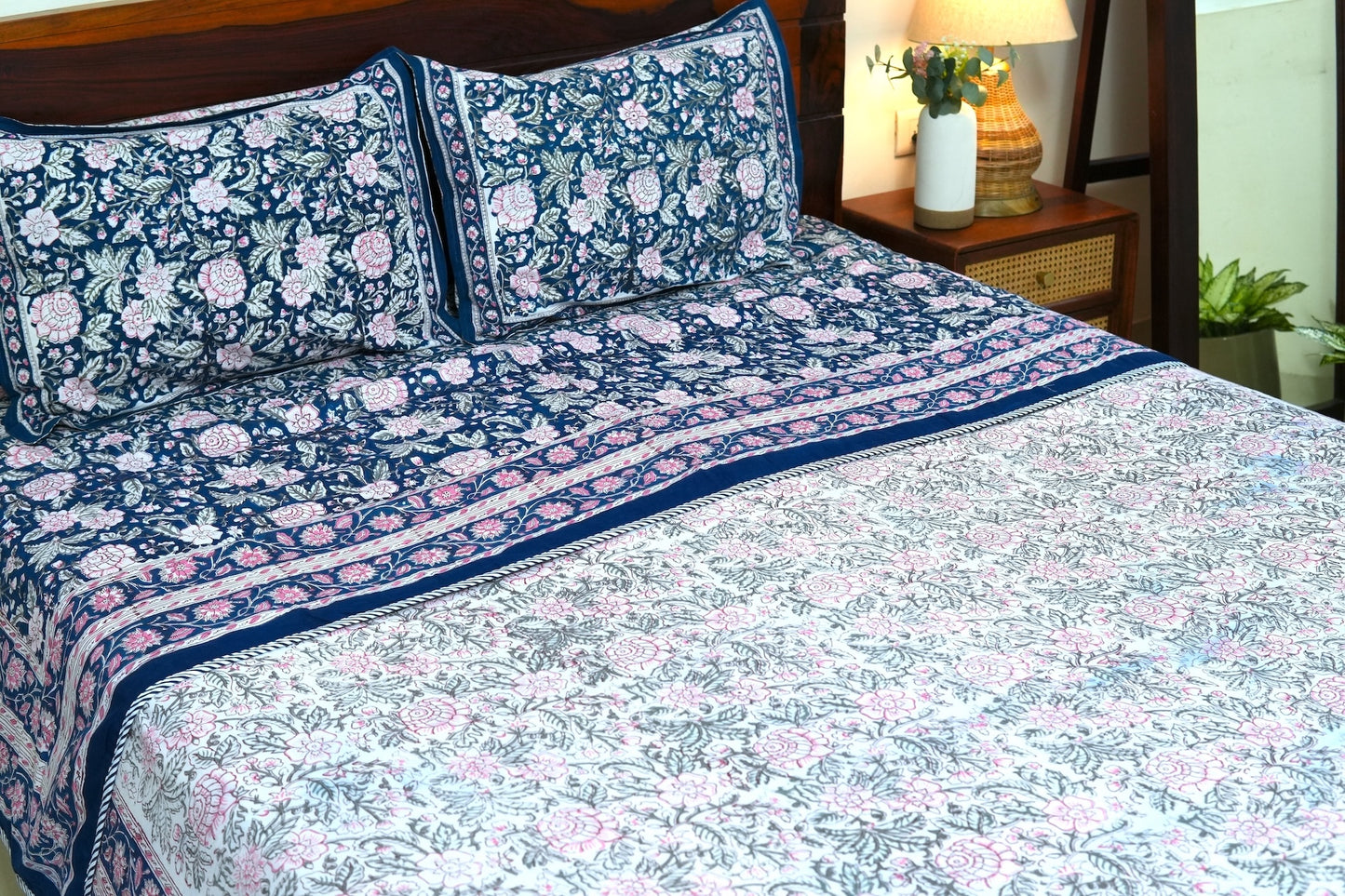 Pink on blue bloom handblock printed pure mulmul dohar with cotton bedsheet - 4 pieces bedding set (King / Queen Size)