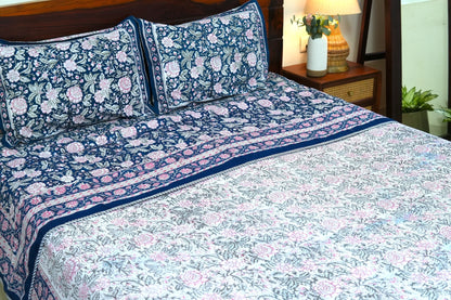 Pink on blue bloom handblock printed pure mulmul dohar with cotton bedsheet - 4 pieces bedding set (King / Queen Size)