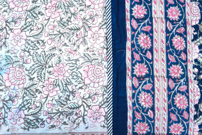 Pink on blue bloom handblock printed pure mulmul dohar with cotton bedsheet - 4 pieces bedding set (King / Queen Size)