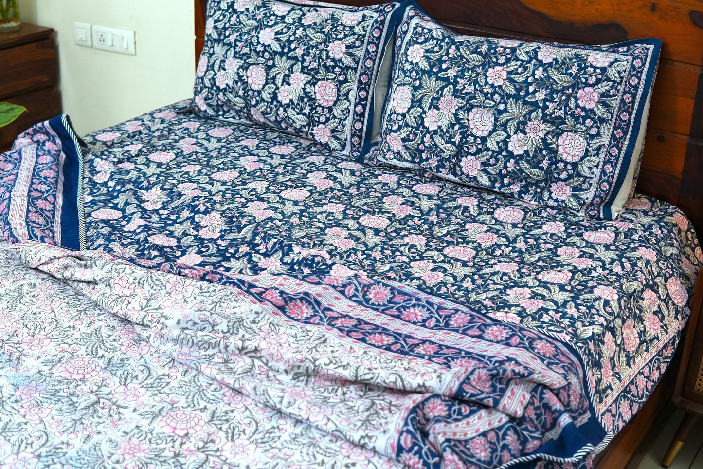 Pink on blue bloom handblock printed pure mulmul dohar with cotton bedsheet - 4 pieces bedding set (King / Queen Size)