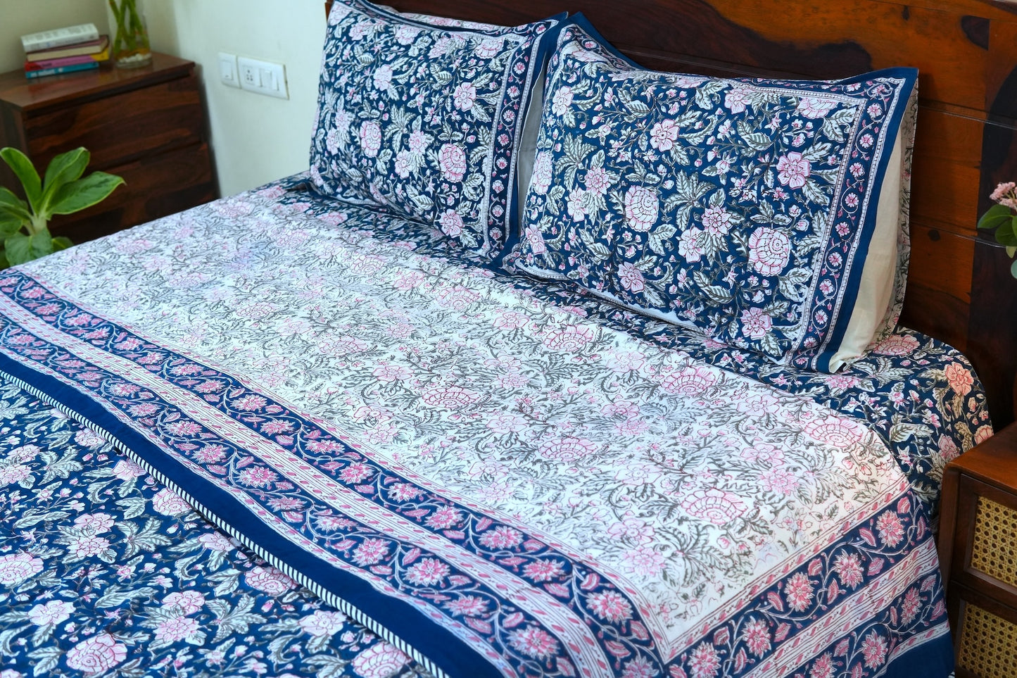 Pink on blue bloom handblock printed pure mulmul dohar with cotton bedsheet - 4 pieces bedding set (King / Queen Size)