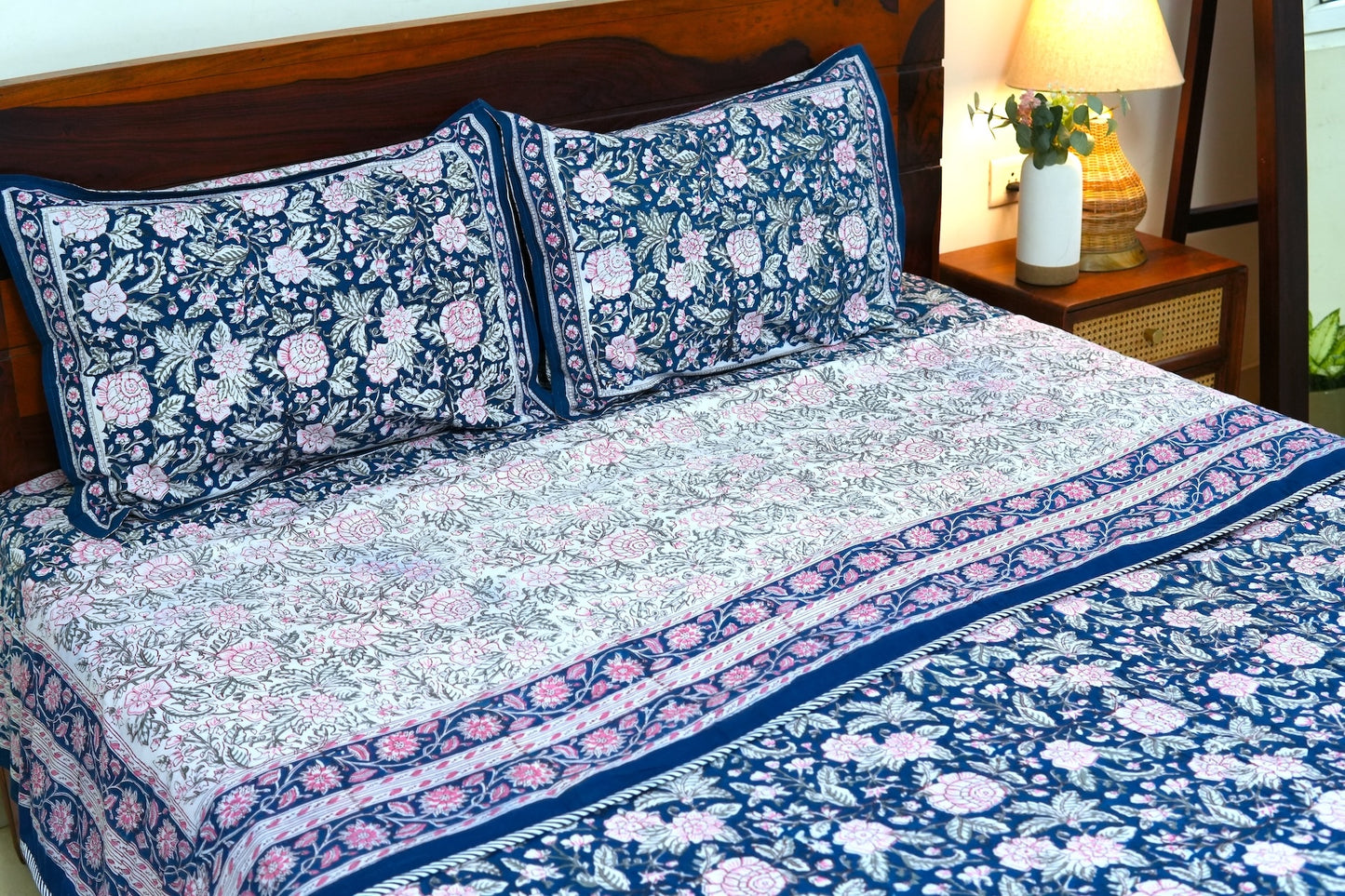 Pink on blue bloom handblock printed pure mulmul dohar with cotton bedsheet - 4 pieces bedding set (King / Queen Size)