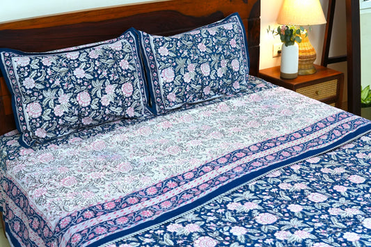 Pink on blue bloom handblock printed pure mulmul dohar with cotton bedsheet - 4 pieces bedding set (King / Queen Size)